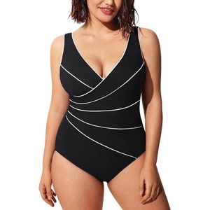 Allecto plus - Afslankend badpak voor dames met bies in grote maten - Zwart - Trendy design - Figuurcorrigerend - Sneldrogend materiaal