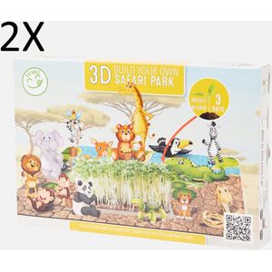 2X stuks Kweekset voor kinderen - Safaripark - incl. 3D puzzel - Tuinkers - Planten zijn eetbaar