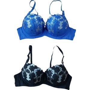 Dames - BH - Set van 2 - Push-up - Voorgevormd - Merk Caralino - Kleur Blauw/Zilver - Zwart/Zilver - Met bandjes - Maat 70B