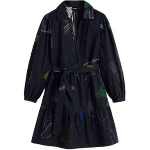 Desigual - Kort Overhemdjurk - Zwart - Streepjesprint - Lange Ballonmouwen