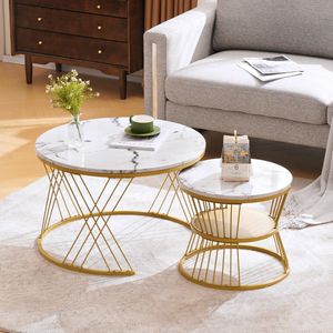 Sweiko Moderne Nesting salontafel, hoge glans salontafel set, marmeren fineer bank side nest van tafels ronde eindtafels, set van 2, gouden kleur frame