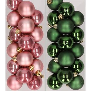 32x stuks kunststof kerstballen mix van oudroze en donkergroen 4 cm - Kerstversiering