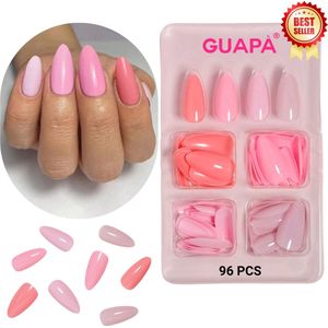 GUAPÀ® Plaknagels | 96 stuks valse nagels | Press On Nails | Zelfklevende Plaknagels | Nepnagels | Kunstnagels | Compleet plaknagels starterspakket | Nagels Wraps | Nail Art | Zomer Nagels | 96 stuks plaknagels Roze Nude Tinten