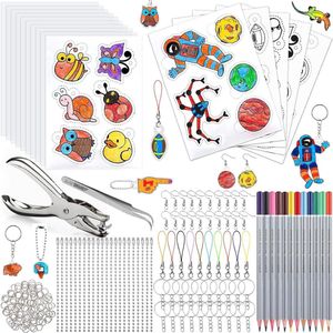 204 Pcs Shrink Film Crafts Set Including A5 Shrink Paper Keychain Pencils Ball Chains Ear Hooks Punch Tweezers for DIY