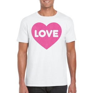 Bellatio Decorations Gay Pride T-shirt voor heren - liefde/love - wit - roze glitter hart - LHBTI XXL