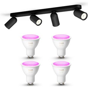 Philips myLiving Pongee Opbouwspot White & Color Ambiance GU10 - 4 Hue Lampen - Wit en Gekleurd Licht - Dimbare Plafondspots - Zwart