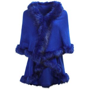 Fijn gebreid damesvest met capuchon en poncho van imitatiebont