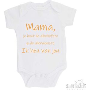 100% katoenen Romper ""Mama, je bent de allerliefste & de allermooiste. Ik hou van jou"" Unisex Katoen Wit/mosterd Maat 56/62