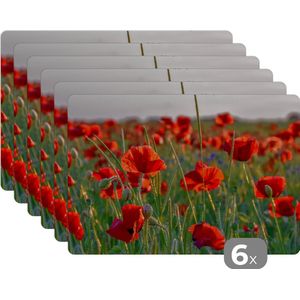 Placemat - Placemats kunststof - 45x30 cm - Bloemen - Klaprozen - Natuur - Rood - 6 stuks - Borden onderleggers antislip - Tafel decoratie - Luxe tafelversiering - Tafelmat vinyl - Bord onderlegger - Tafeldecoratie accessoires