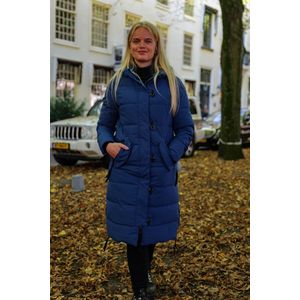 Lange dames winterjas - Gewatteerd en getailleerd - Blauw - Maat L (40)
