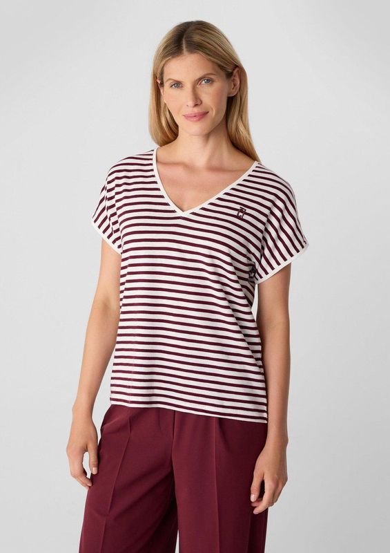 comma - T-Shirt - Gestreept - V-hals - Korte Mouwen