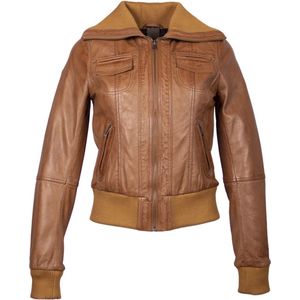 Leren bomber dames jas cognac  bomberdina - L