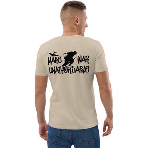 Bitcoin T-shirt - Make War Unaffordable - Rug Print - Unisex - 100% Biologisch Katoen - Kleur Woestijnstof - Maat XL | Bitcoin cadeau| Crypto cadeau| Bitcoin T-shirt| Crypto T-shirt| Crypto Shirt| Bitcoin Shirt| Bitcoin Merch| Bitcoin Kleding