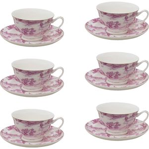 HAES DECO - Kop en Schotel set van 6 - inhoud 250 ml - kleuren Roze / Wit - Bedrukt Porselein met Bloemen - Theeservies, Koffieservies, Theekoppen, Koffiekoppen, Cappuccino