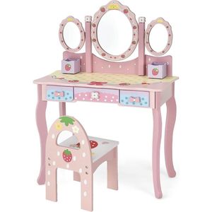 Make-uptafelset, prinsessen-kaptafel met inklapbare spiegel, make-upkruk en 3 laden, make-uptafel, kaptafel voor kinderen, meisjes (roze)