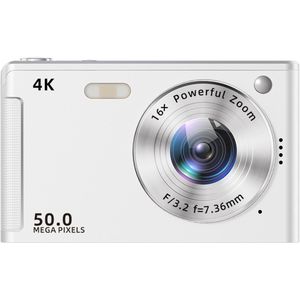 4K digitale camera, 16x zoom, anti-shake, 50 MP, autofocus compactcamera met invullicht (wit)