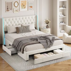 Gestoffeerd bed 140x200 cm met lattenbodem en 3 laden, hoofdeinde met LED, tweepersoonsbed jeugdbed Bedframe voor volwassenen en tieners, zonder matras, fluweelbeige
