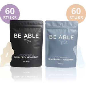 Be Able Transparante Neusstrips & Collageen Mondtape Slaapbundel – 60+60 Stuks – Anti Snurk Slaapstrips – Neusspreider – Mouth Tape & Nose Strips Set – Zweetbestendige Neus strips – Minder Snurken – Betere Ademhaling – Diepere Slaap