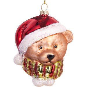 Teddybeer met Sjaal en Kerstmuts - Handbeschilderde Kerstbal van Glas - Handgeblazen Kerstboomversieringen Grappige Figuren Decoratieve Hangers Boombal - 9,5 cm