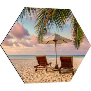 Dibond Hexagon - Twee Ligbedden op het Strand met Palmboom - 60x52.2 cm Foto op Hexagon (Met Ophangsysteem)