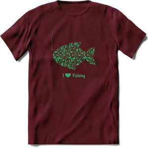 I Love Fishing - Vissen T-Shirt | Groen | Grappig Verjaardag Vis Hobby Cadeau Shirt | Dames - Heren - Unisex | Tshirt Hengelsport Kleding Kado - Burgundy - S