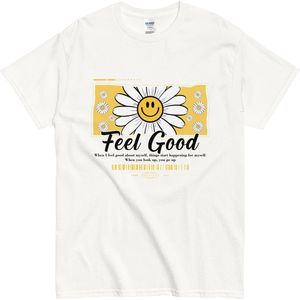 Feel Good T Shirt Dames en Heren - Smiley Madelief en Positieve Quote Retro Design - Wit - S