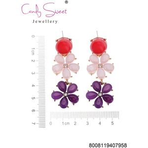 CandySweet Oorbellen - Set van 2 - Bloemen - Messing - Hypoallergeen en Metaal - Goud, Rood, Roze en Paars - 0x2.5x7 cm