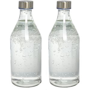 Waterkan - 2x - met deksel - 1L - glas - kurk - waterkaraf - schenkkan - rond