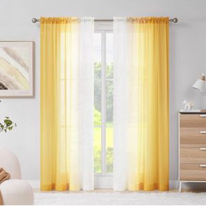Gordijnen met plooiband, ombre transparante gordijnen voor woonkamer, set van 2, 225 x 140 cm, geel