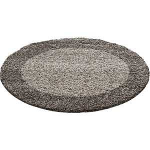 Rond Hoogpolig Vloerkleed | Tapijt | Shaggy Life Framed | Taupe | 200x200 cm
