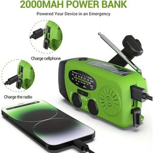 Draagbare noodradio met powerbank, 2000mAh lithiumbatterij, AM/FM/NOAA weerbands, handkruk en zonne-oppervlak, USB oplaadbaar, 3 LED-fakkels, niet waterdicht, voor binnen en buiten kamperen