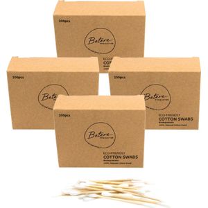 Set van 4 x Wattenstaafjes van bamboe - Duurzame wattenstaafjes - Betere producten - Plasticvrij - Biologisch katoen - Duurzaam bamboe - Biologisch afbreekbaar - 200 stuks