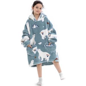 Ijsbeer fleece hoodie deken met mouwen kind – fleece poncho kind – plaid met mouwen - kids 8/12 jaar – maat 134/158 – lengte 75 cm - chillen – Warm & zacht – relax outfit kids – grijs/blauw - Badrock