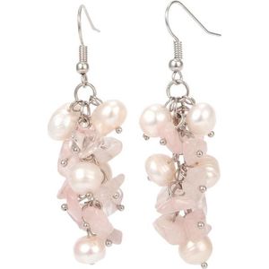 Zoetwater parel en edelstenen oorbellen Pearl Rose Quartz Chip - oorhanger - echte parels - sterling zilver (925) - rozenkwarts - wit - roze
