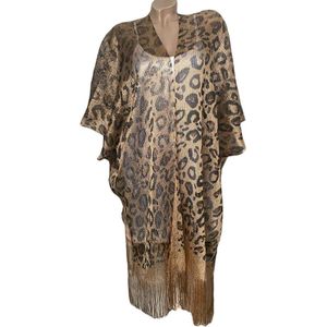 Kaftan - Vest - Omslagsjaal glanzend met dierenprint One size goudbruin/zwart