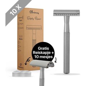 Bamboozy Safety Razor + 10 scheermesjes en Reiskapje Mat Zilver Chrome Unisex Mannen en Vrouwen Double Edge Single Blade Zero Waste Scheren