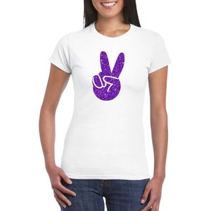 Toppers Wit Flower Power t-shirt paarse glitter peace hand dames - Sixties/jaren 60 kleding L