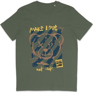 Heren Dames T Shirt - Print en Quote: Make Love No War - Khaki - XS