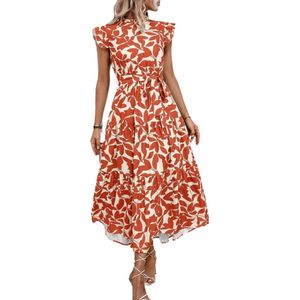 Dames casual bloemenprint, riem, hoge taille, A-lijn gelaagde jurk met ruches, lange maxi-jurk met kapmouwen