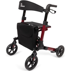 Parvum Brava Rollator - Driedubbel opvouwbaar en lichtgewicht (6,8kg) - Incl. stokhouder, tas, zitting & rugleuning - Robijnrood