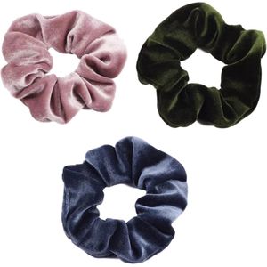 Scrunchie 3 stuks Velvet Extra Vol en Luxe - haarelastiek haarwokkel scrunchies - Oudroze - Donkergroen - Blauwgrijs - Kraagjeskopen.nl