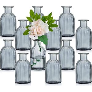 Kleine vazenset, glazen vaas, 12 stuks, mini-bloemenvaas, grijs, vintage, glas, rond, glazen vazen, flessenvaas, kleurrijk, klein geribbeld, tafelvaas, vazenset, glazen fles, decoratie voor