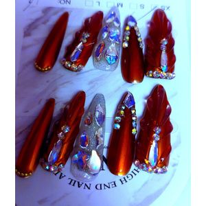 Nep nagels - Plak nagels - 10 stuks - Almond shape - Rood steentjes - Kunstnagels - Press on nails - Almond shape nails - Lange nagels - Fake nails