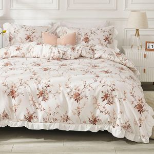 Beddengoed, 135 x 200 cm, 2-delig, wit, bruin, bloemen, ruches, omkeerbaar beddengoed, microvezel, zachte beddengoedsets, romantisch meisjesdekbedovertrek met ritssluiting en kussensloop 80 x80