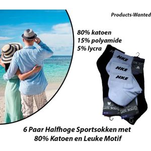 6 Paar Halfhoge Sportsokken met 80% Katoen en Leuke Motif 43-46 Zwart