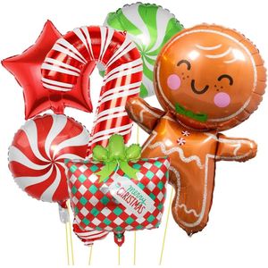 Ballonnen Kerstmis, 6 stuks folieballonnen voor Kerstmis, kerstdecoratie met peperkoekmannetje, suikerstokken, snoep, folieballonnen, rode en groene kerstballonnen voor Kerstmis, feestdecoratie
