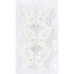 6x stuks decoratie vlinders op clip glitter wit 14 cm - Bruiloftversiering/kerstversiering decoratievlinders