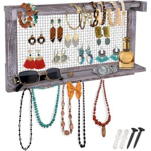 Boho-Chic Organizer voor sieraden, wandrek met afneembare armbandstang, met 16 haken, perfecte opslag voor oorringen, halskettingen en armbanden, sieradendisplay