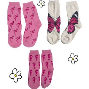 Nature Planet -kindersokken - set van 3 roze sokken - flamingo - vlinder - zeepaardje (100% Oeko-tex gecertificeerd) maat 29-34