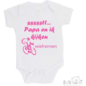 100% katoenen Romper ""ssssstt... Papa en ik kijken wielrennen"" Meisjes Katoen Wit/roze Maat 56/62